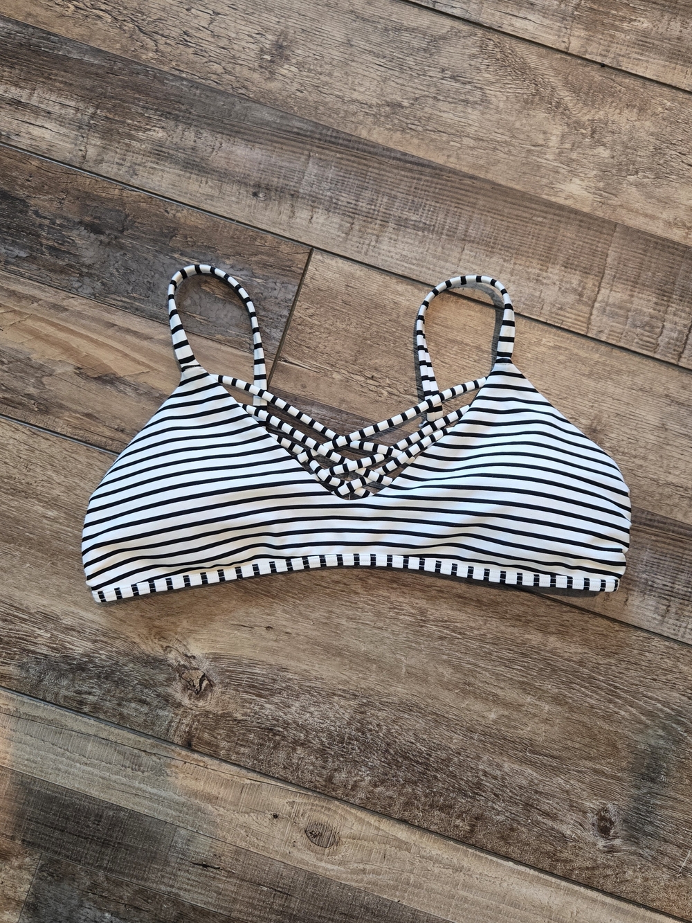 Hollister Swim Bralette Bikini Top Black White Stripe Lattice Strappy Medium